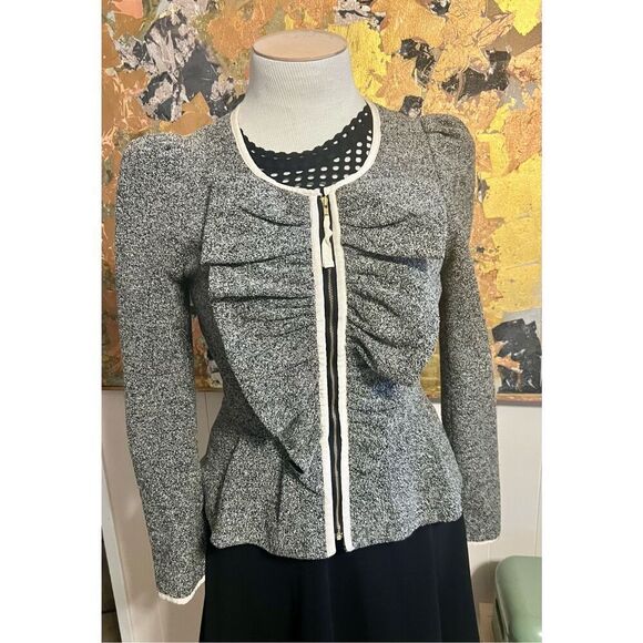 Anthropologie Elevenses Black & White Tweedy Ruffle Front peplum Jacket Size 8 - Picture 1 of 6